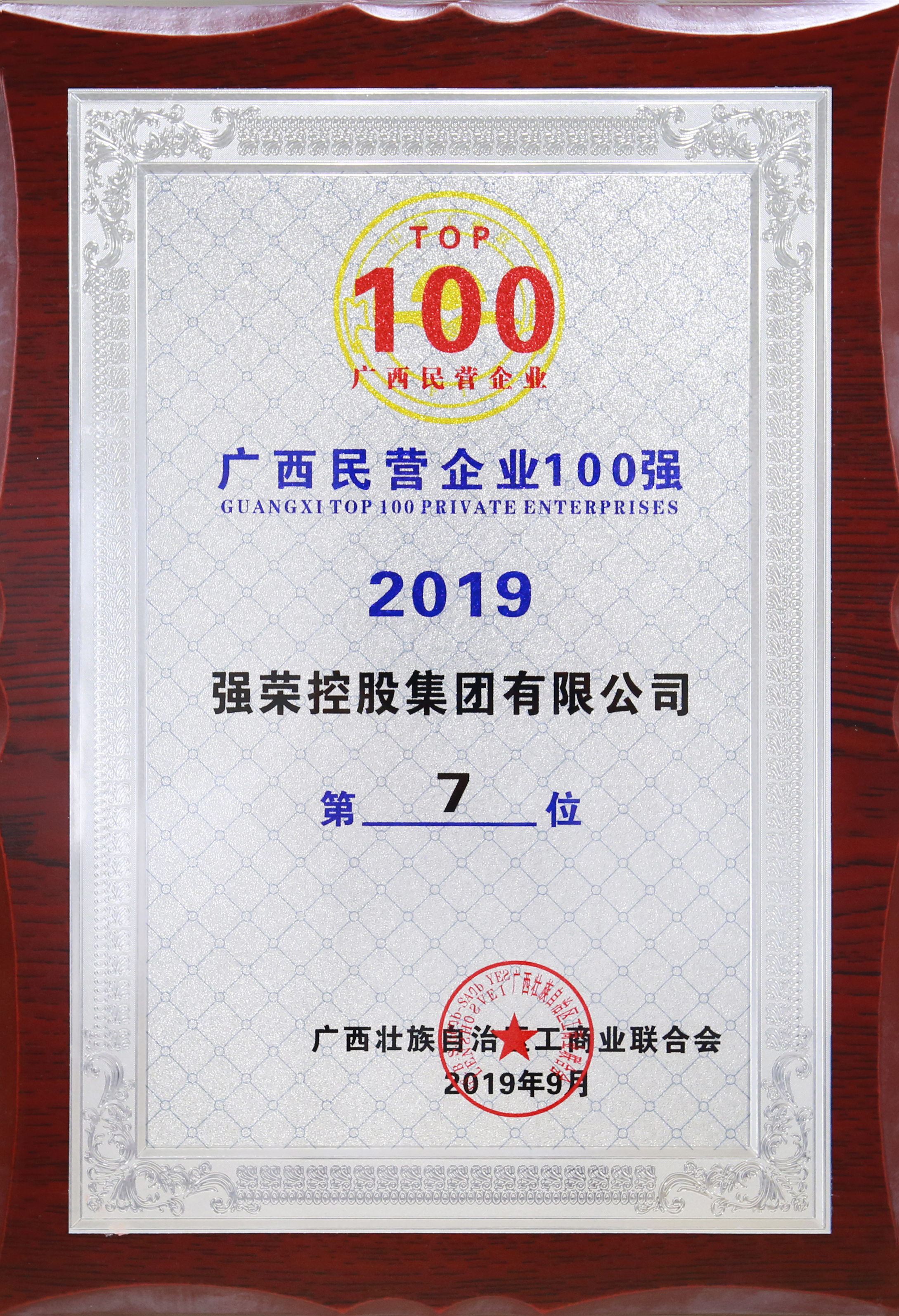 ob 体育aoa体育官网地址集团获评为“2019广西民营企业100强”第7位